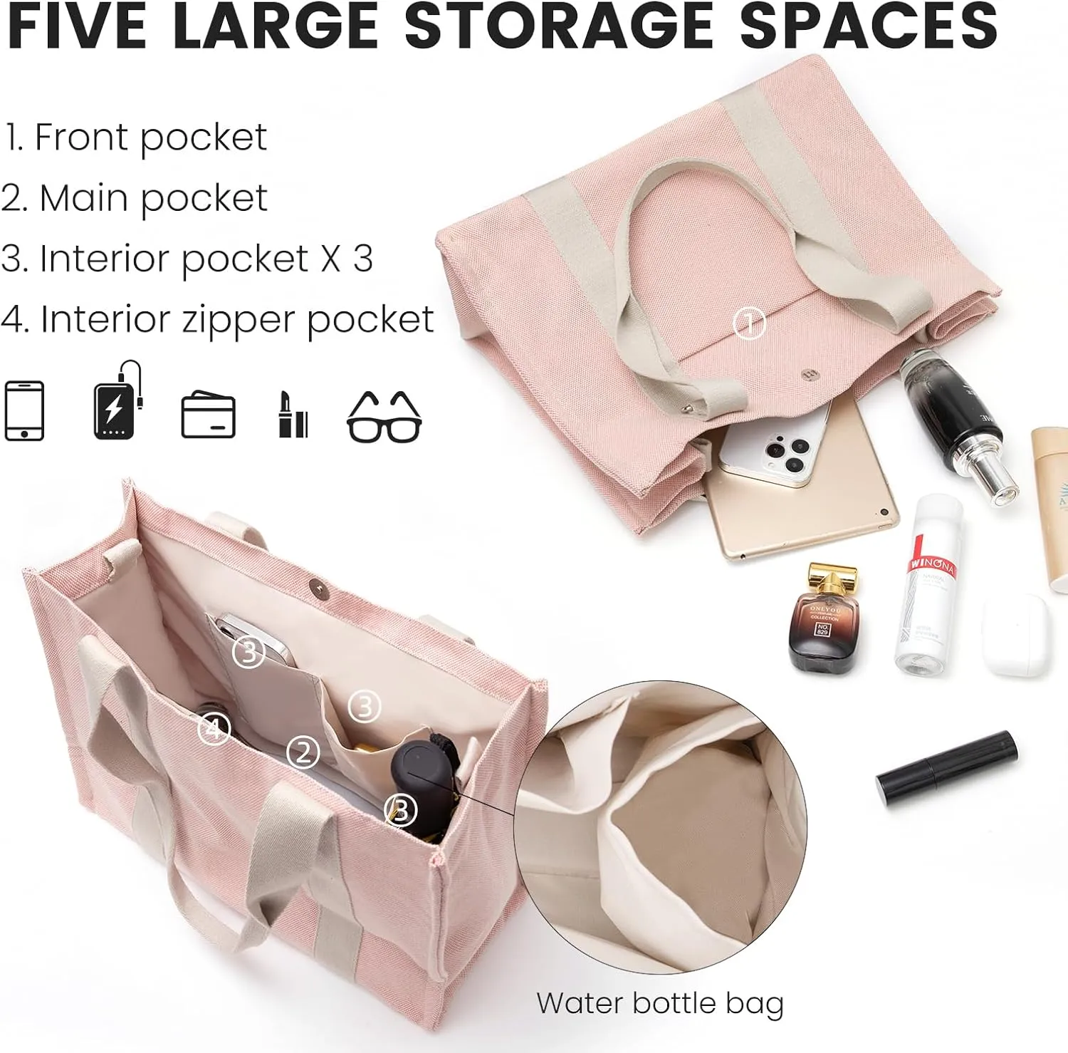 Canvas Tote Bag for Women with Pockets Bag