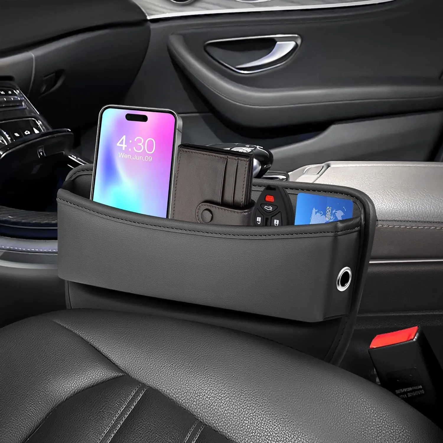 Car Leather Cup Holder Gap Bag, Car Seat Gap Filler Organizer, Car Seat Storage Box with Water Cup Holder, Car Gap Bag for Phones Keys Cards (Passenger's seat, Black)