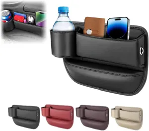 Car Leather Cup Holder Gap Bag, Car Seat Gap Filler Organizer, Car Seat Storage Box with Water Cup Holder, Car Gap Bag for Phones Keys Cards (Passenger's seat, Black)