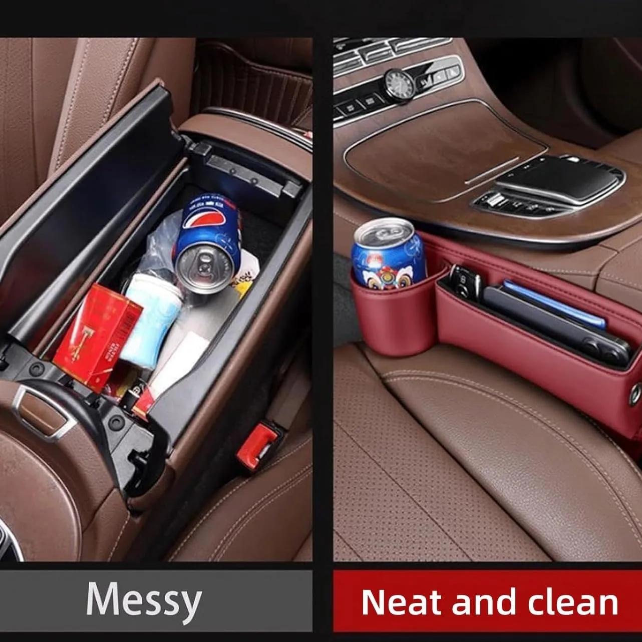 Car Leather Cup Holder Gap Bag, Car Seat Gap Filler Organizer, Car Seat Storage Box with Water Cup Holder, Car Gap Bag for Phones Keys Cards (Passenger's seat, Black)