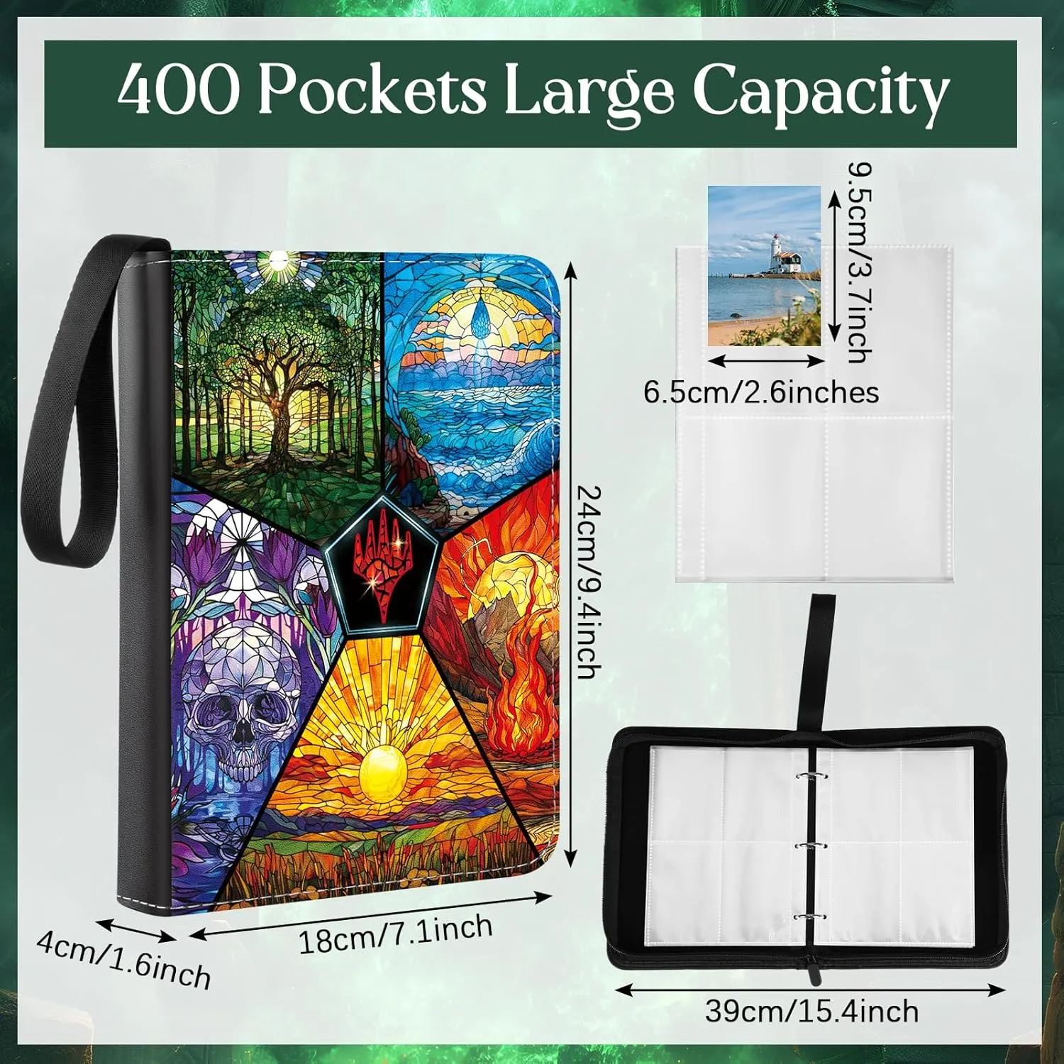 Card Binder 4/9 Pocket PU Waterproof Trading Binder Compatible with Mtg for 400/900 Portable Album Holder with Zipper Wristband Card Organizer Book Case(Magic,9.8 x 7.7 x 2 Inch)