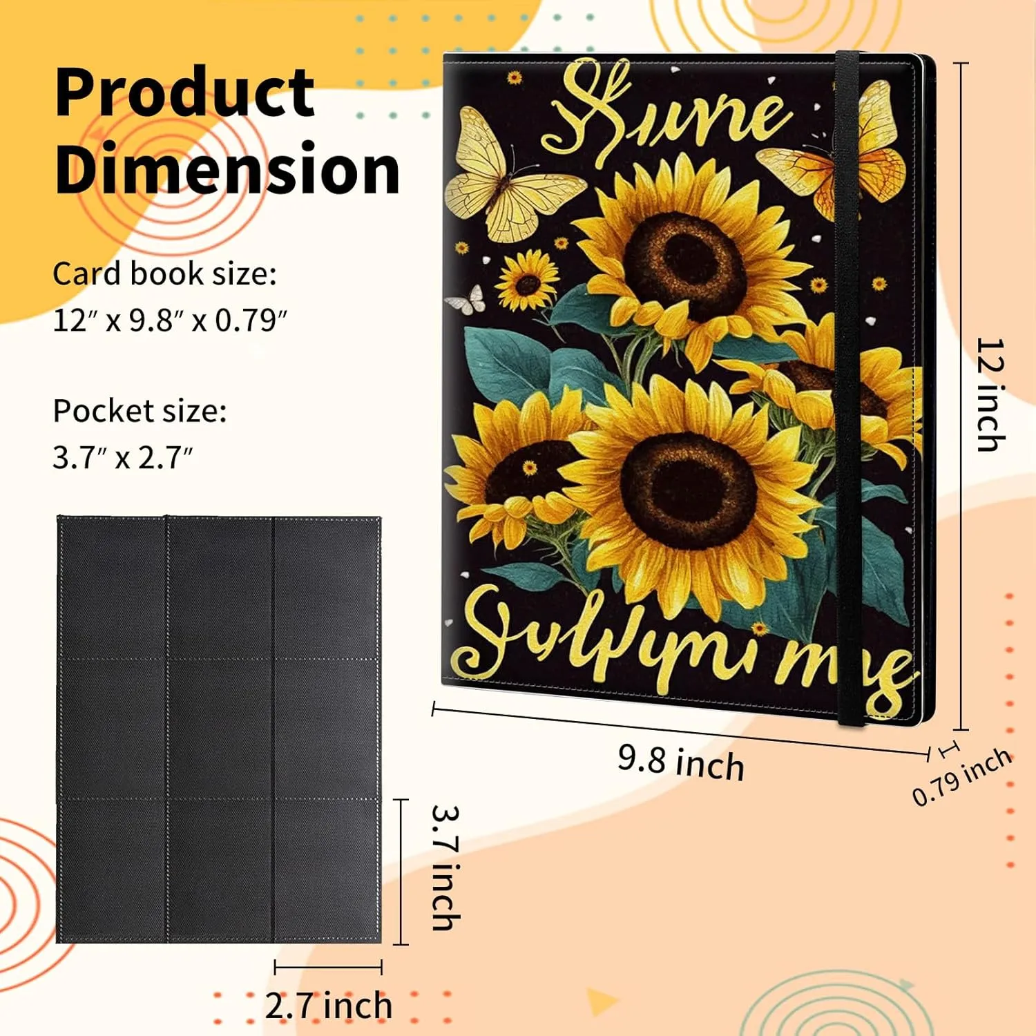 Card Binder for Mtg Yugioh TCG Baseball Sports trading Cards Holder Binder Book 9-Pocket Sleeve Side Load 900 Cards Collection Binder Album With Elastic Band-Sunflowers Butterflies Painting