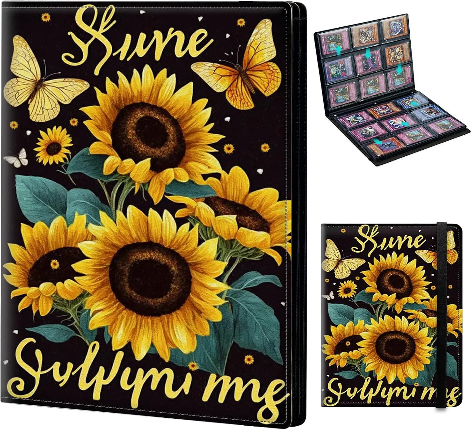Card Binder for Mtg Yugioh TCG Baseball Sports trading Cards Holder Binder Book 9-Pocket Sleeve Side Load 900 Cards Collection Binder Album With Elastic Band-Sunflowers Butterflies Painting