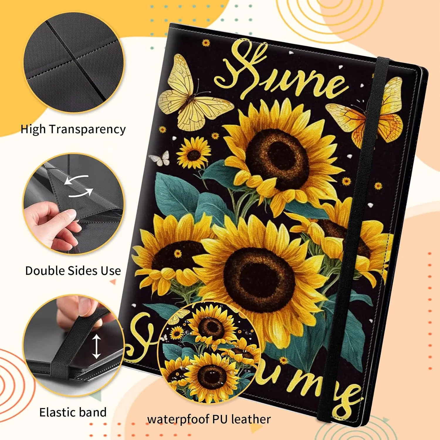 Card Binder for Mtg Yugioh TCG Baseball Sports trading Cards Holder Binder Book 9-Pocket Sleeve Side Load 900 Cards Collection Binder Album With Elastic Band-Sunflowers Butterflies Painting