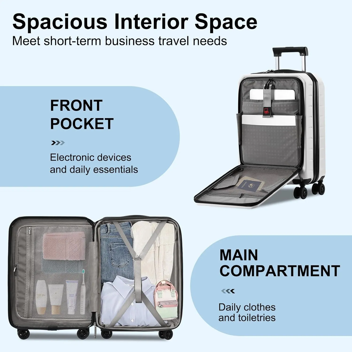 Carry On Luggage 22×14×9 Airline Approved, 20 Inch Lightweight ABS PC Hard Shell Suitcases with Front Pocket, Spinner Wheels, TSA Lock (White, 1PC)