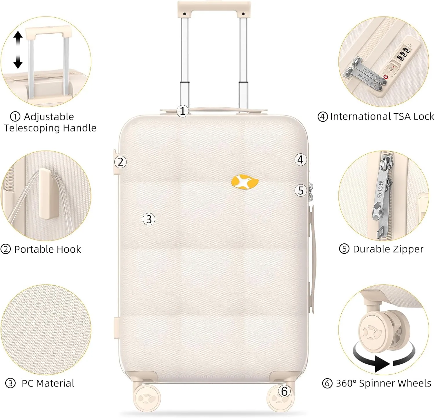 Carry On Luggage 22x14x9 Airline Approved | 20" Durable Polycarbonate Hard Shell Suitcase with TSA Lock & 360° Spinner Wheels (Beige)