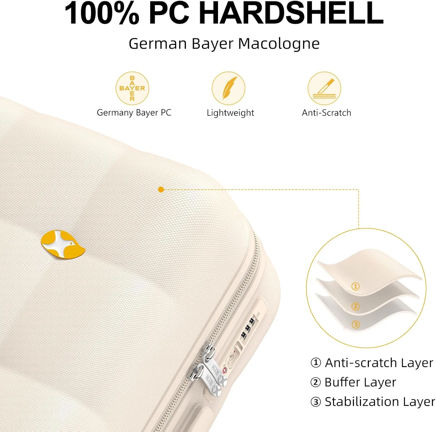 Carry On Luggage 22x14x9 Airline Approved | 20" Durable Polycarbonate Hard Shell Suitcase with TSA Lock & 360° Spinner Wheels (Beige)