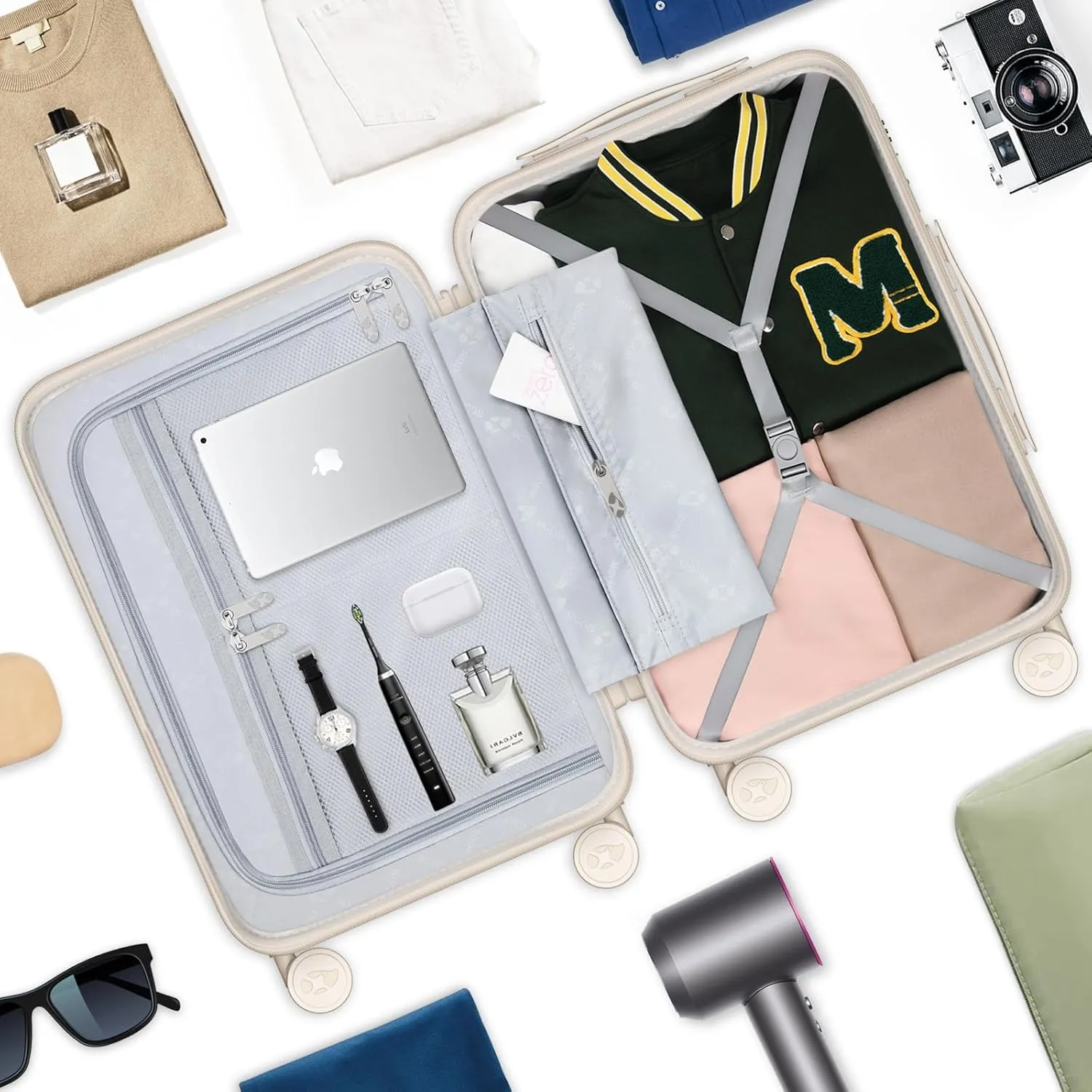 Carry On Luggage 22x14x9 Airline Approved | 20" Durable Polycarbonate Hard Shell Suitcase with TSA Lock & 360° Spinner Wheels (Beige)
