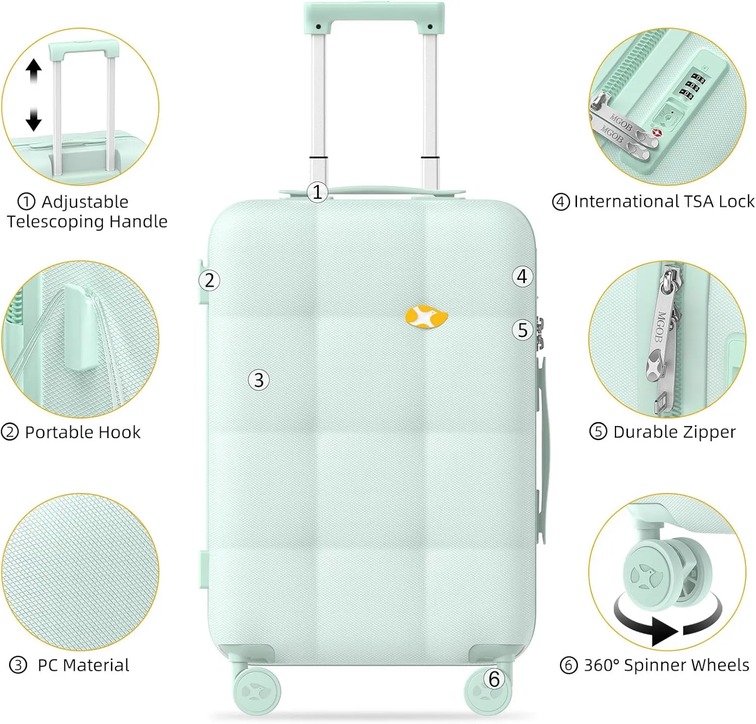 Carry On Luggage 22x14x9 Airline Approved | 20" Durable Polycarbonate Hard Shell Suitcase with TSA Lock & 360° Spinner Wheels (Green)