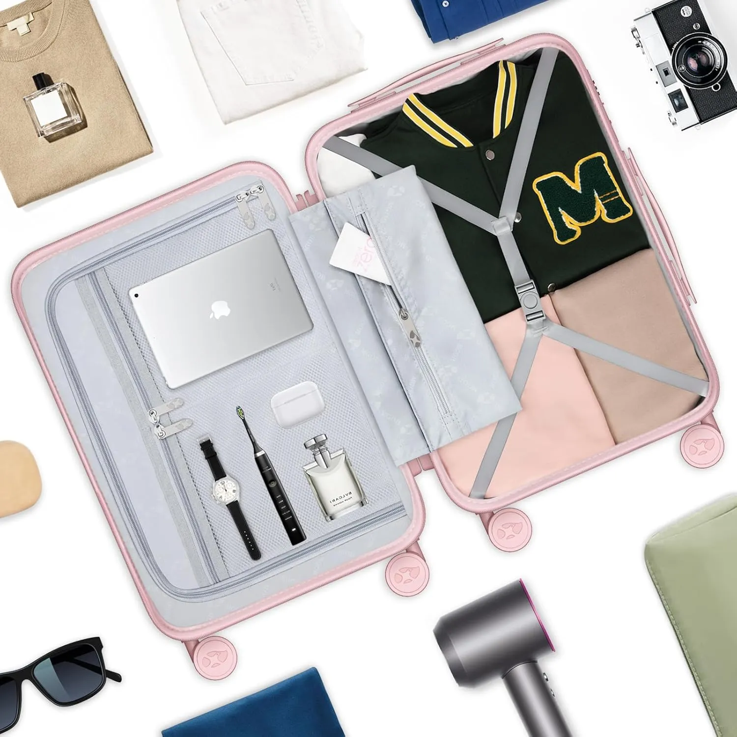 Carry On Luggage 22x14x9 Airline Approved | 20" Durable Polycarbonate Hard Shell Suitcase with TSA Lock & 360° Spinner Wheels (Pink)