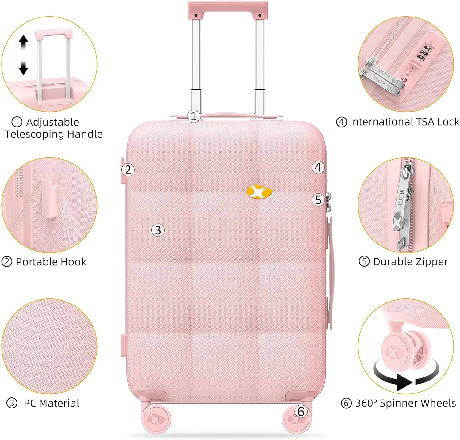 Carry On Luggage 22x14x9 Airline Approved | 20" Durable Polycarbonate Hard Shell Suitcase with TSA Lock & 360° Spinner Wheels (Pink)