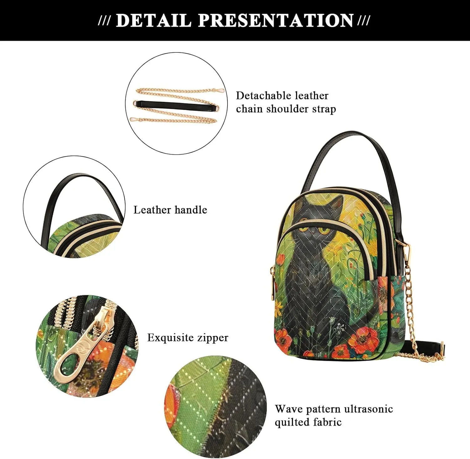 Cartoon Cat Design Quilted Shoulder Bag Purse with Chain