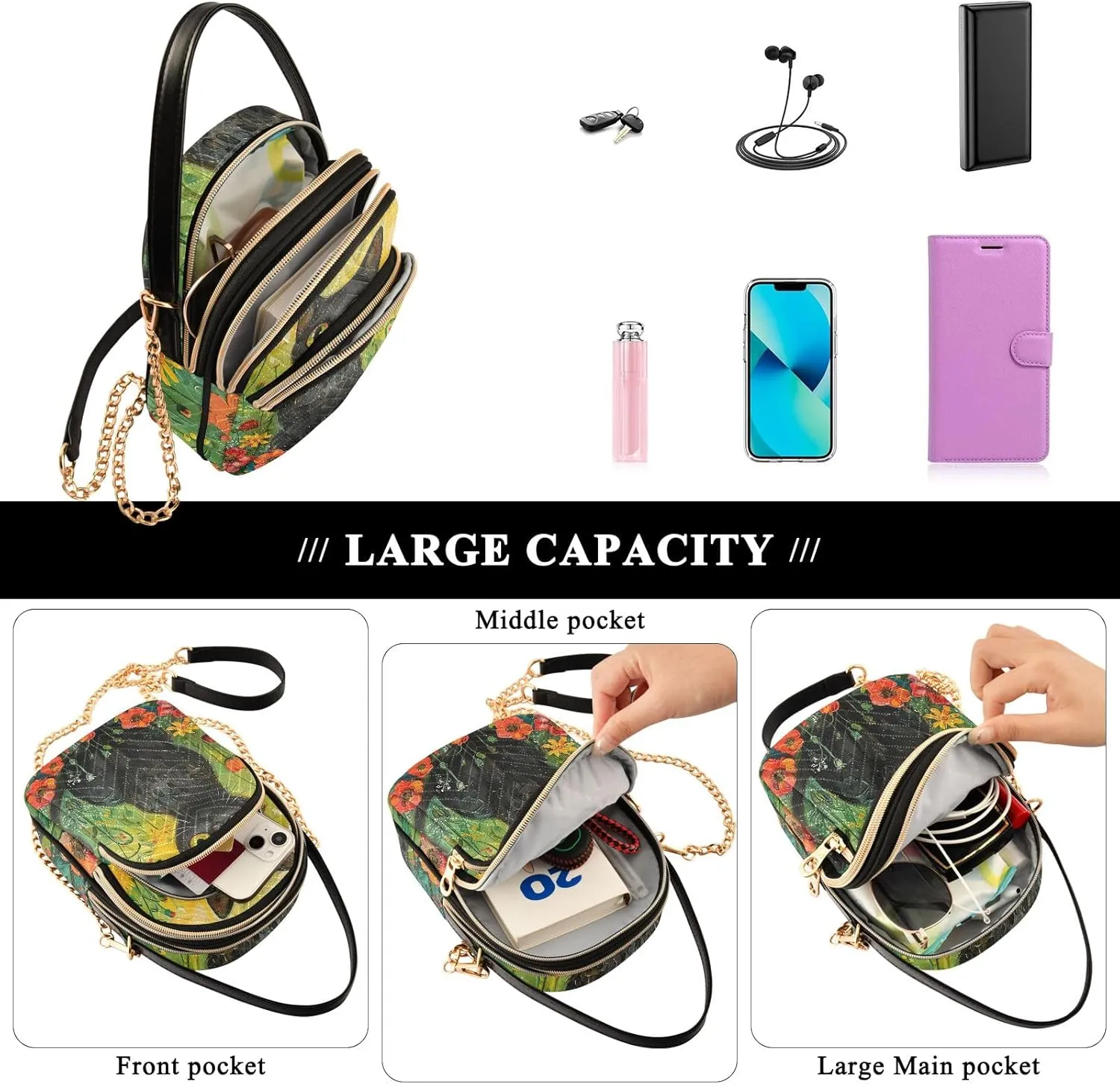 Cartoon Cat Design Quilted Shoulder Bag Purse with Chain