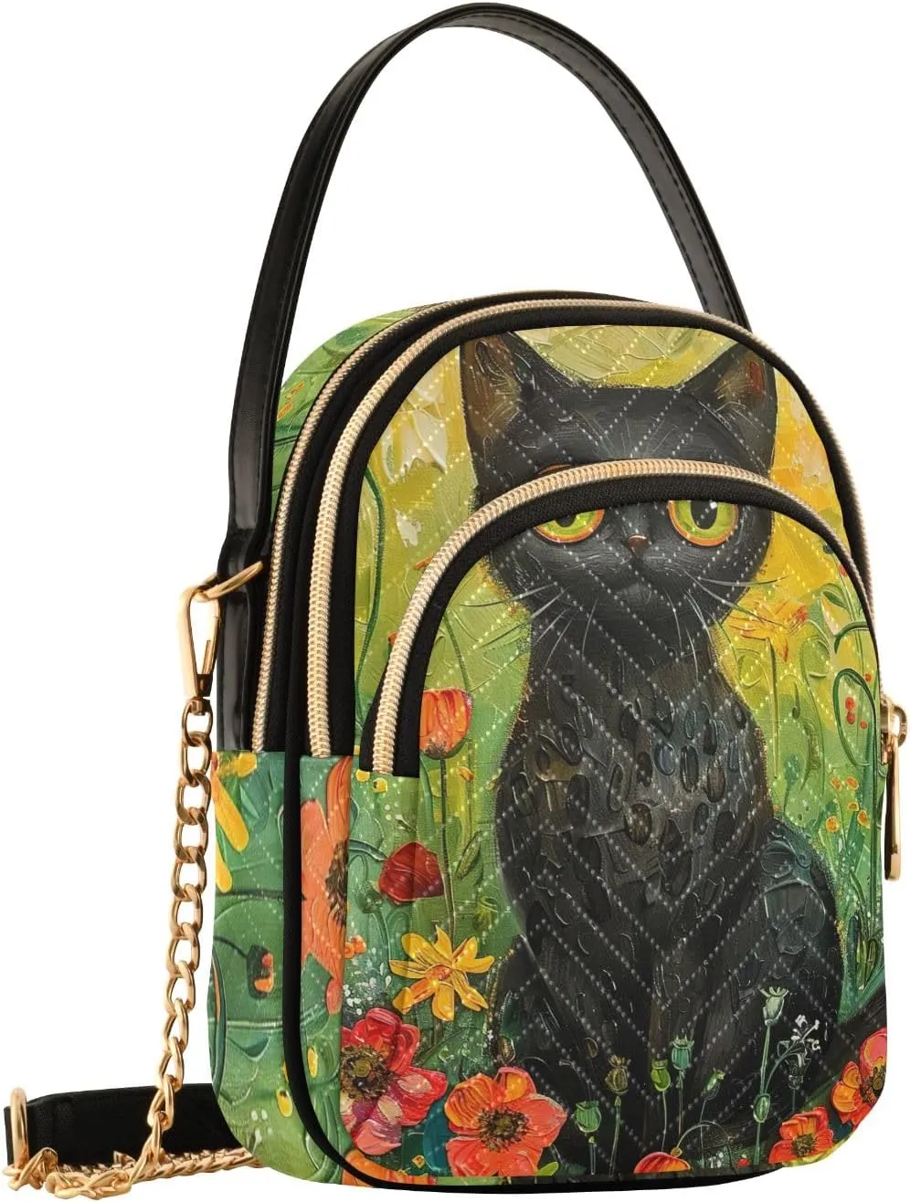 Cartoon Cat Design Quilted Shoulder Bag Purse with Chain