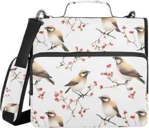 Cartoon Cedar Waxwing Birds White Sturdy Zipper Binder with Shoulder Strap & Handle Laege Capacity 1.5 Inch 3 Rings Pencil Case Portfolio Binder School Supplies Organizer