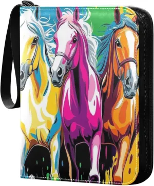 Cartoon Colorful Horses Cards Binder 4 Pocket Fits 400 Cards with 50 Removable Sleevesves, Trading Card Collector Zipper Album Holder Portable Card Games Display Storage Cases