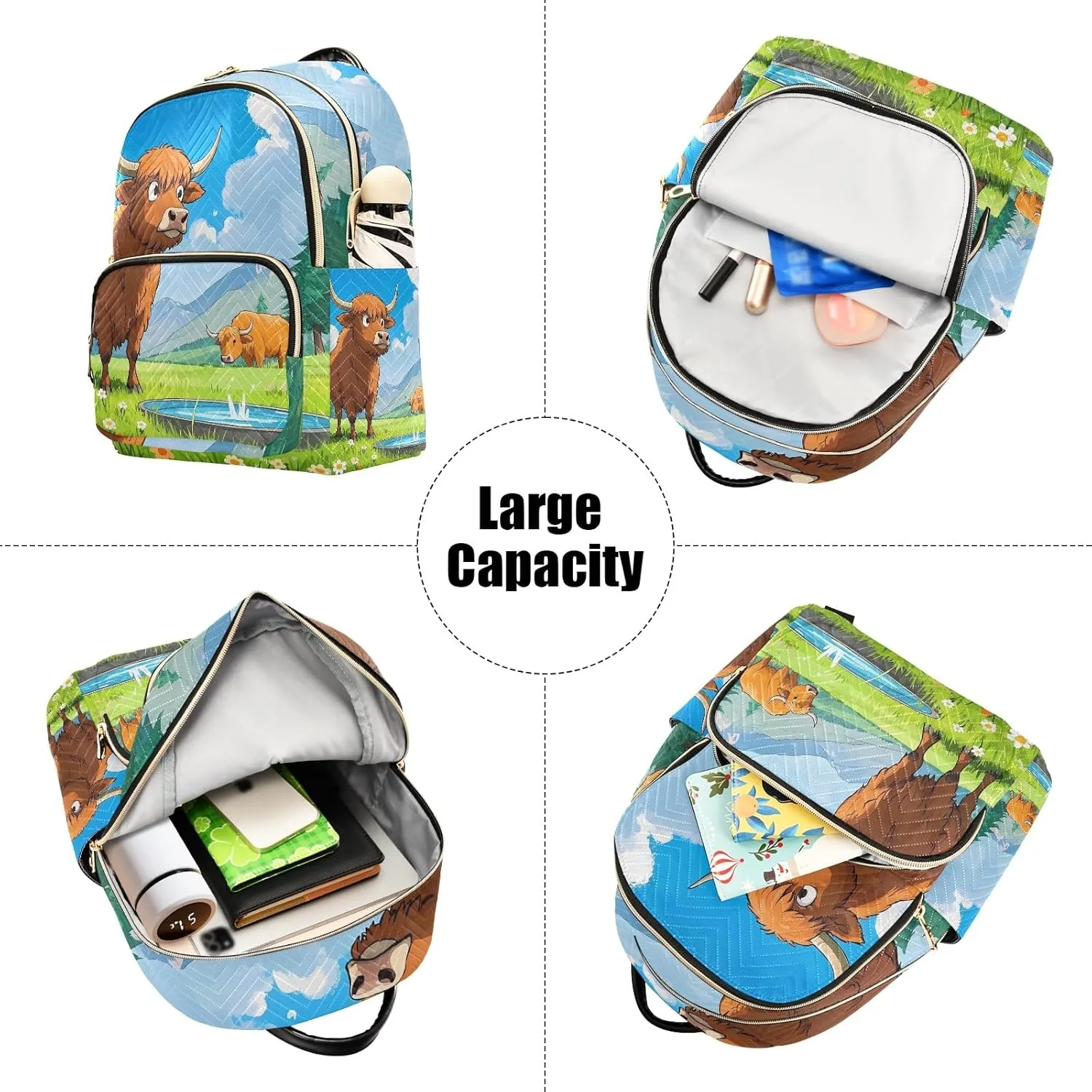 Cartoon Cow Green Grass Quilted Backpack for Women Fashion Lightweight Travel Daypack Durable Polyester Stylish Casual Hiking Bag for School Work Outing