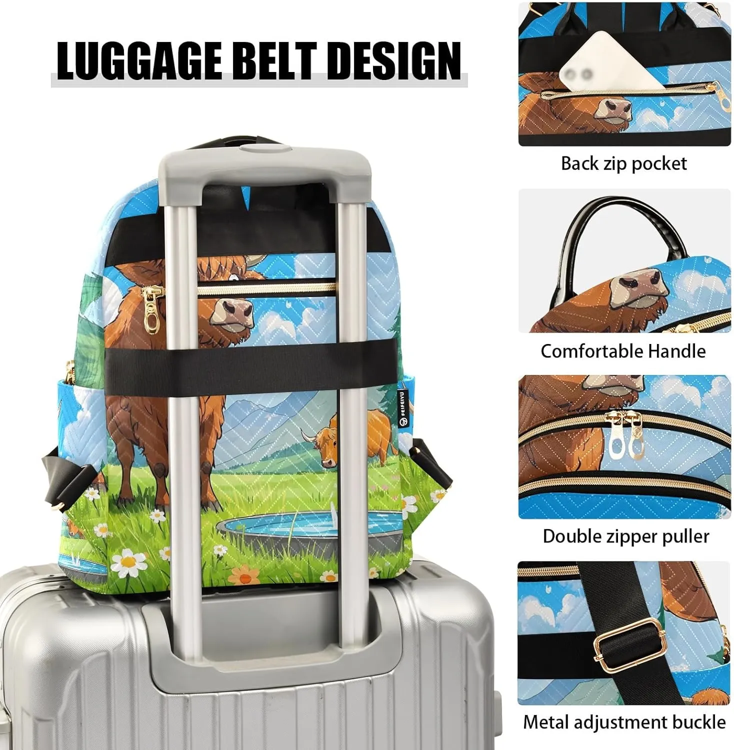 Cartoon Cow Green Grass Quilted Backpack for Women Fashion Lightweight Travel Daypack Durable Polyester Stylish Casual Hiking Bag for School Work Outing