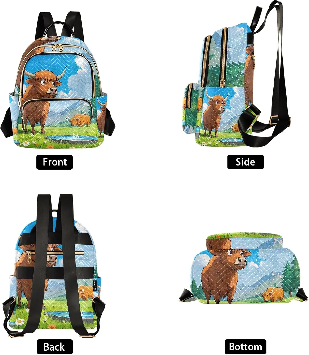 Cartoon Cow Green Grass Quilted Backpack for Women Fashion Lightweight Travel Daypack Durable Polyester Stylish Casual Hiking Bag for School Work Outing