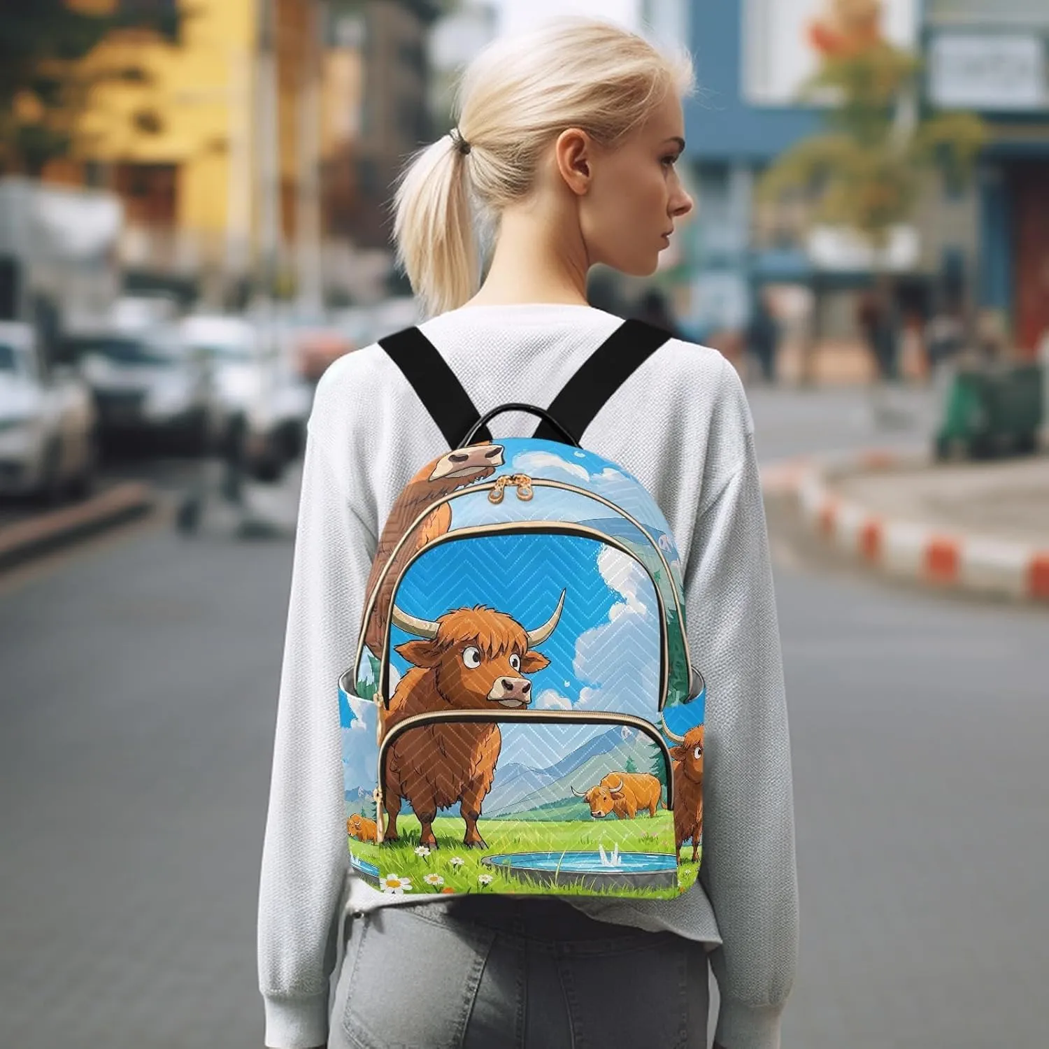 Cartoon Cow Green Grass Quilted Backpack for Women Fashion Lightweight Travel Daypack Durable Polyester Stylish Casual Hiking Bag for School Work Outing