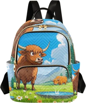 Cartoon Cow Green Grass Quilted Backpack for Women Fashion Lightweight Travel Daypack Durable Polyester Stylish Casual Hiking Bag for School Work Outing