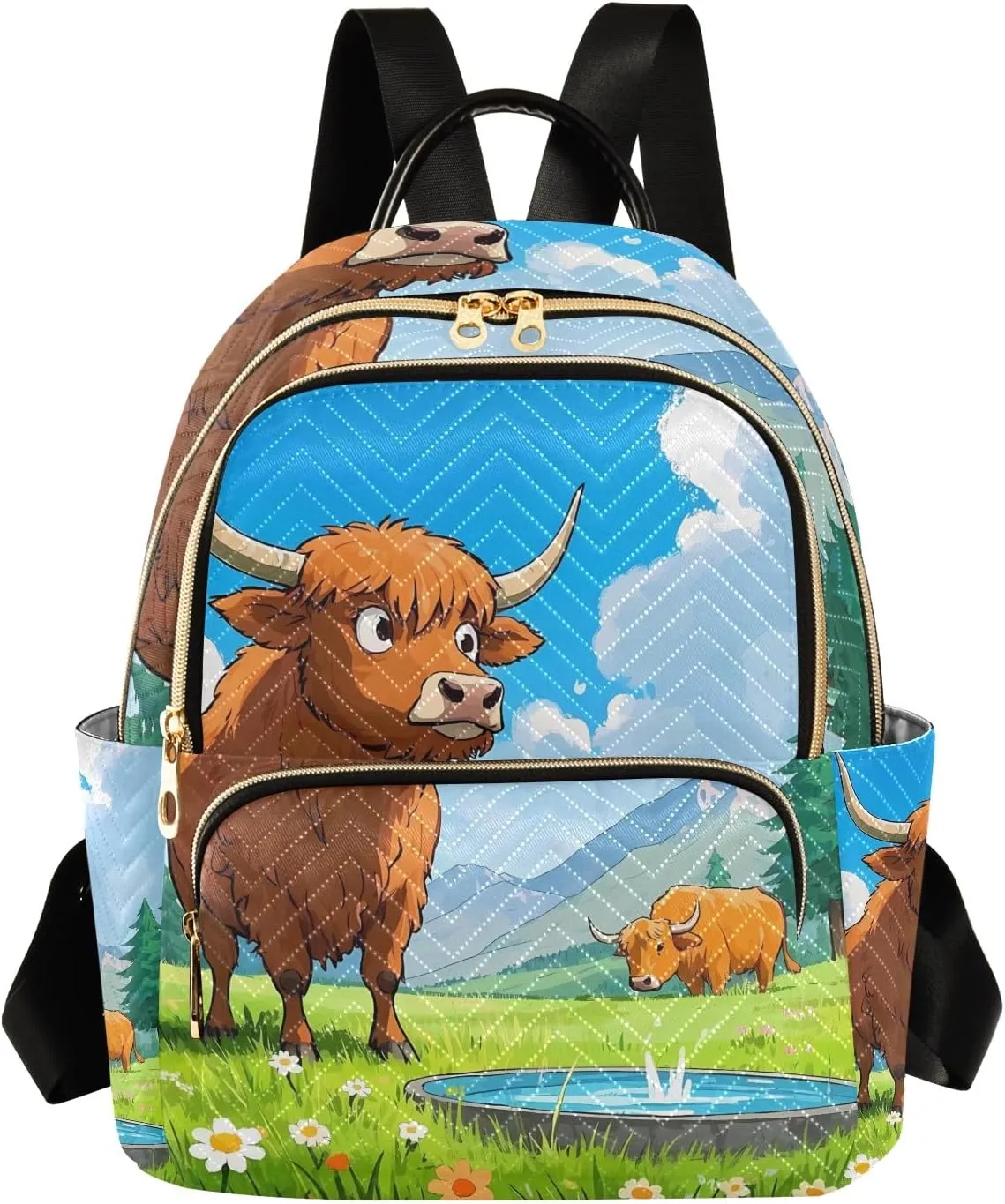 Cartoon Cow Green Grass Quilted Backpack for Women Fashion Lightweight Travel Daypack Durable Polyester Stylish Casual Hiking Bag for School Work Outing