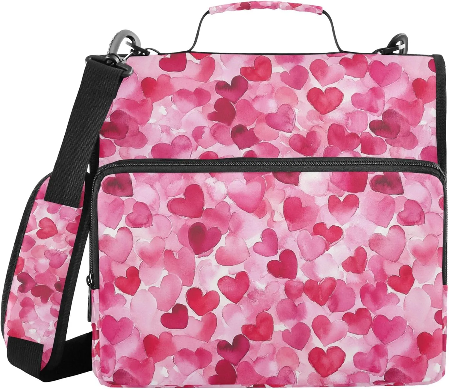 Cartoon Cute Pink Love Hearts Sturdy Zipper Binder with Handle Waterproof 1.5 Inch 3 Rings Pencil Bags Portfolio Binder Office Document Organizer