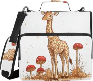 Cartoon Giraffe White Zippered Binder Bag with Handle Multiple Pockets 1.5 Inch 3 Rings Portfolio Binder Bag Office Document Organizer