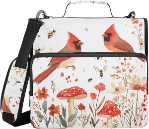 Cartoon Northern Red Birds White Sturdy Zipper Binder with Shoulder Strap & Handle Multiple Pockets 1.5 Inch 3 Rings Portfolio Binder Bag Storage Container