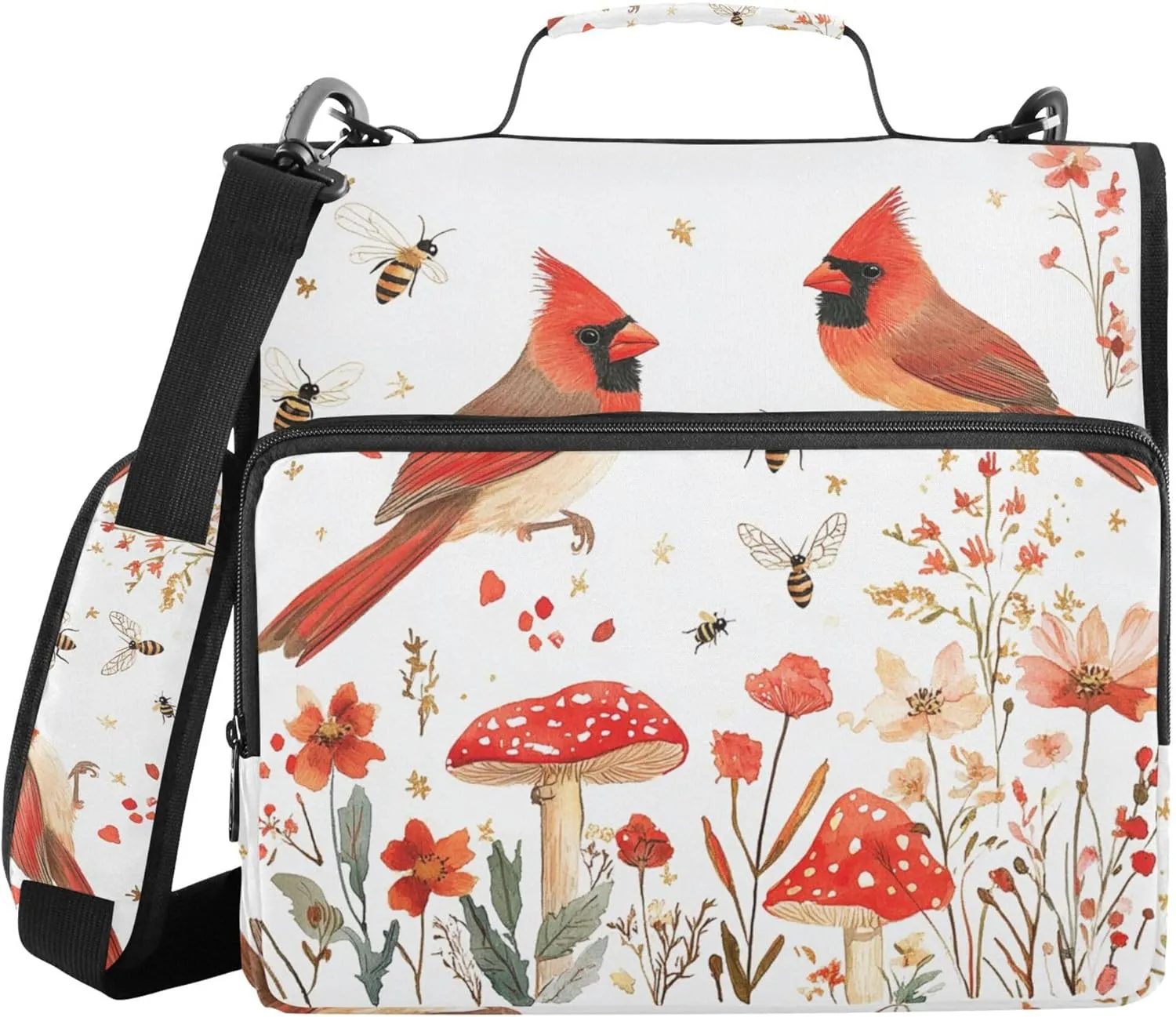 Cartoon Northern Red Birds White Sturdy Zipper Binder with Shoulder Strap & Handle Multiple Pockets 1.5 Inch 3 Rings Portfolio Binder Bag Storage Container
