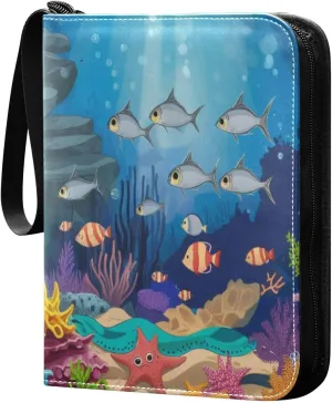 Cartoon Ocean Fish Card Binder 4 Pocket Trading Card Album Fits 400 Sports/Game Cards, PU Cover 3 Ring Card Collection with 50 Removable Sleeves