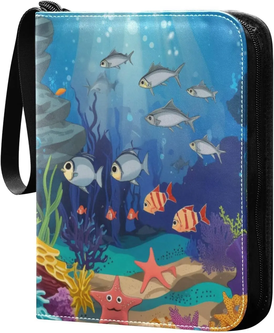 Cartoon Ocean Fishes Card Binder 4 Pocket Trading Card Album Fits 400 Sports/Game Cards, PU Cover 3 Ring Card Collection with 50 Removable Sleeves