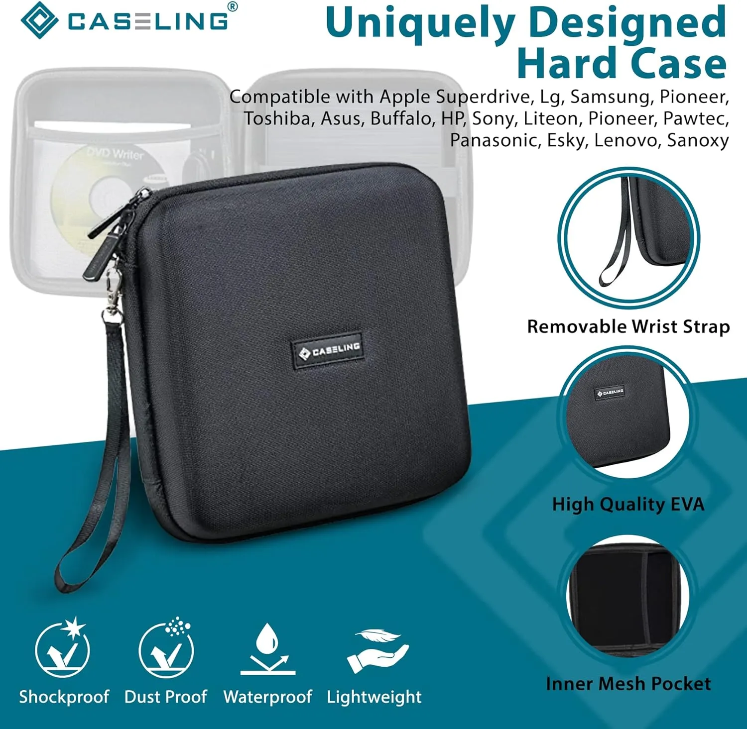 Caseling Portable Hard Carrying Travel Storage Case for External USB, DVD, CD, Blu-ray Rewriter/Writer and Optical Drives - Black
