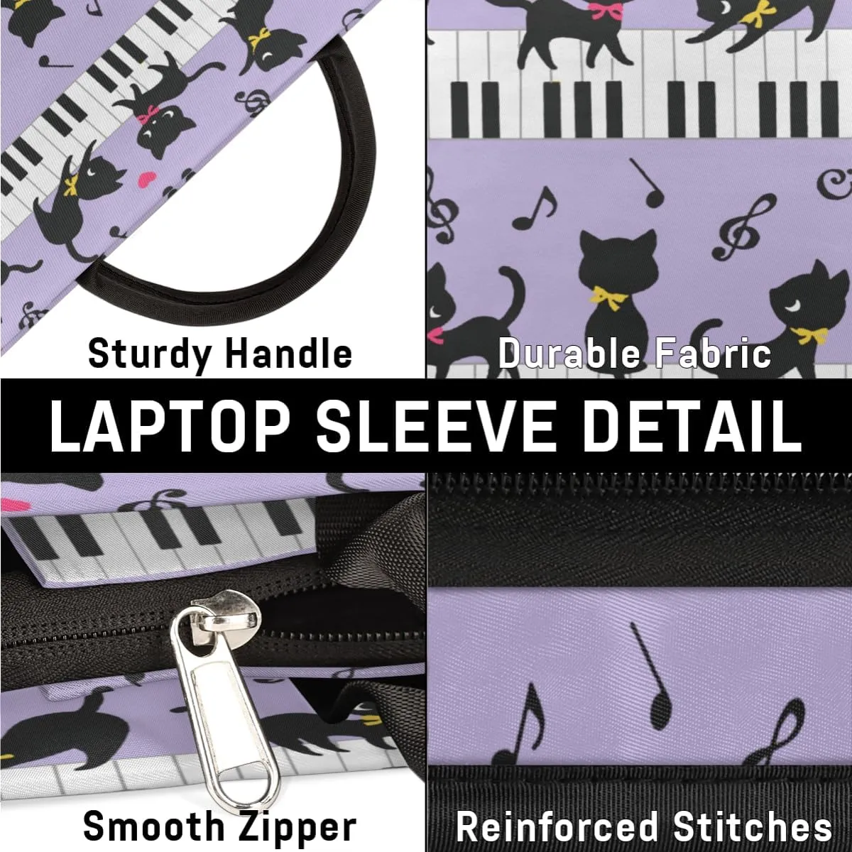Cat Piano Music Laptop Sleeve Case 15 15.6 16 Inch Laptop Bag with Handle & Pockets Durable Notebook Computer Carrying Case for Men Women Multi-Color & Size Choices