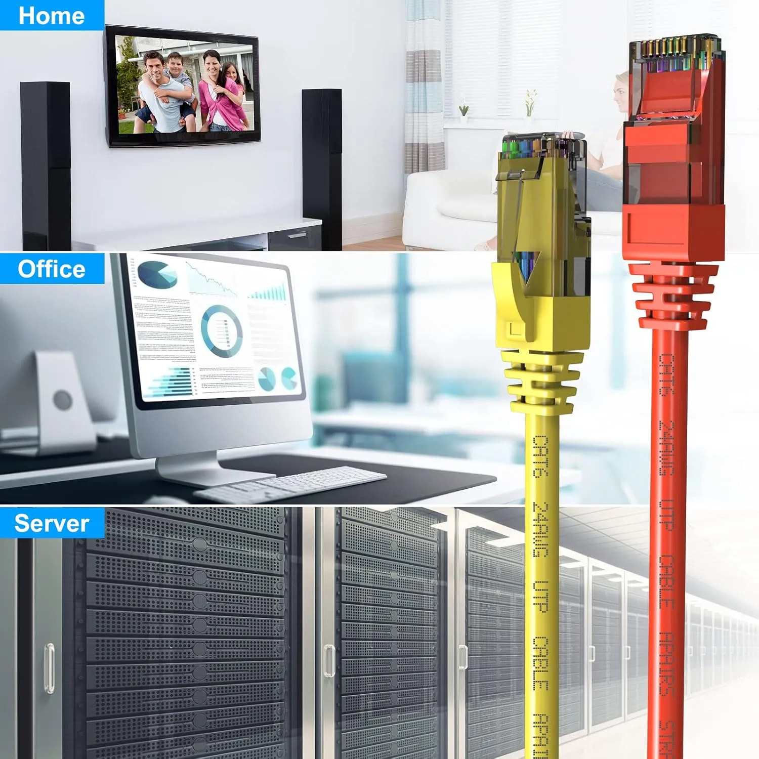 Cat6 Patch Cables 10 Feet (6 Pack), Cat 6 Ethernet Cable, 24AWG CCA, UTP Network Cord, Internet Cable, Compatible for PC, Laptop, Router, Switch, Server, Printer, RJ45 LAN with 25 Cable Ties - 10FT