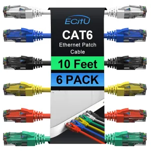 Cat6 Patch Cables 10 Feet (6 Pack), Cat 6 Ethernet Cable, 24AWG CCA, UTP Network Cord, Internet Cable, Compatible for PC, Laptop, Router, Switch, Server, Printer, RJ45 LAN with 25 Cable Ties - 10FT