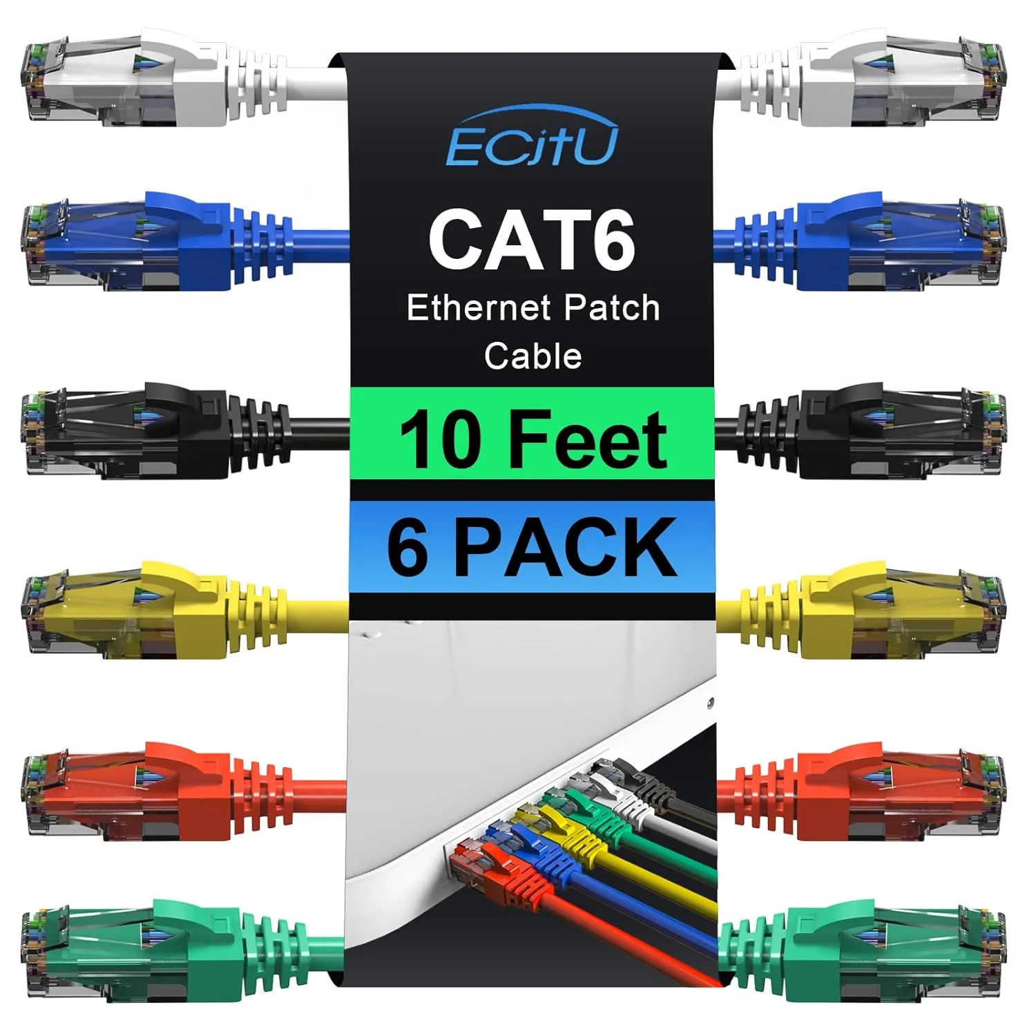 Cat6 Patch Cables 10 Feet (6 Pack), Cat 6 Ethernet Cable, 24AWG CCA, UTP Network Cord, Internet Cable, Compatible for PC, Laptop, Router, Switch, Server, Printer, RJ45 LAN with 25 Cable Ties - 10FT