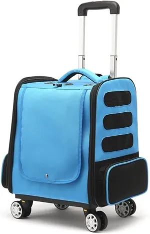 Cat/Dog Backpack,Wheeled Pet Travel Bag, Pet Travel Backpack Foldable Pet Travel Trolley Dog Transport Crate Cat Crate Bag Bag with Pockets(Blue)