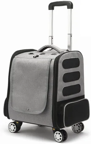 Cat/Dog Backpack,Wheeled Pet Travel Bag, Pet Travel Backpack Foldable Pet Travel Trolley Dog Transport Crate Cat Crate Bag Bag with Pockets(Gray a)
