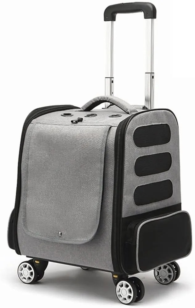 Cat/Dog Backpack,Wheeled Pet Travel Bag, Pet Travel Backpack Foldable Pet Travel Trolley Dog Transport Crate Cat Crate Bag Bag with Pockets(Gray a)