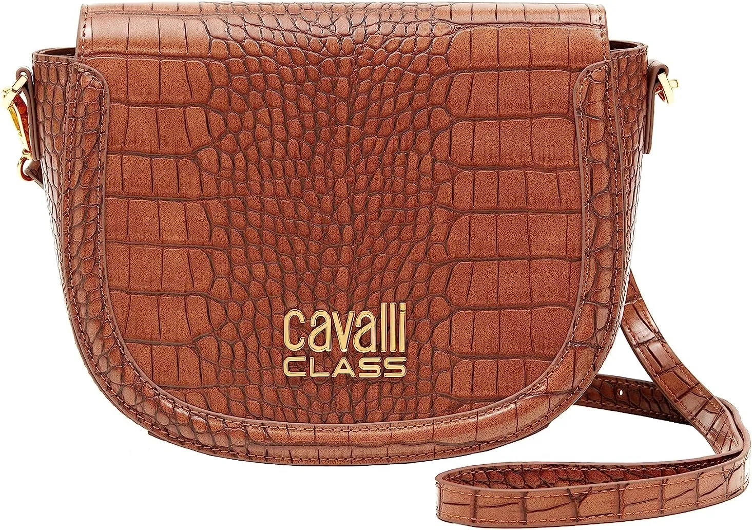 Cavalli Class TORINO Brown Medium Crocco Saddle Crossbody bag for womens