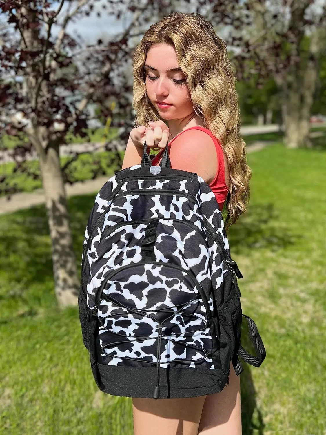 Choco Mocha Cow Print Backpack for Teen Girls, Travel School Backpack for Girls Middle School Large Bookbag 18 Inch, Black
