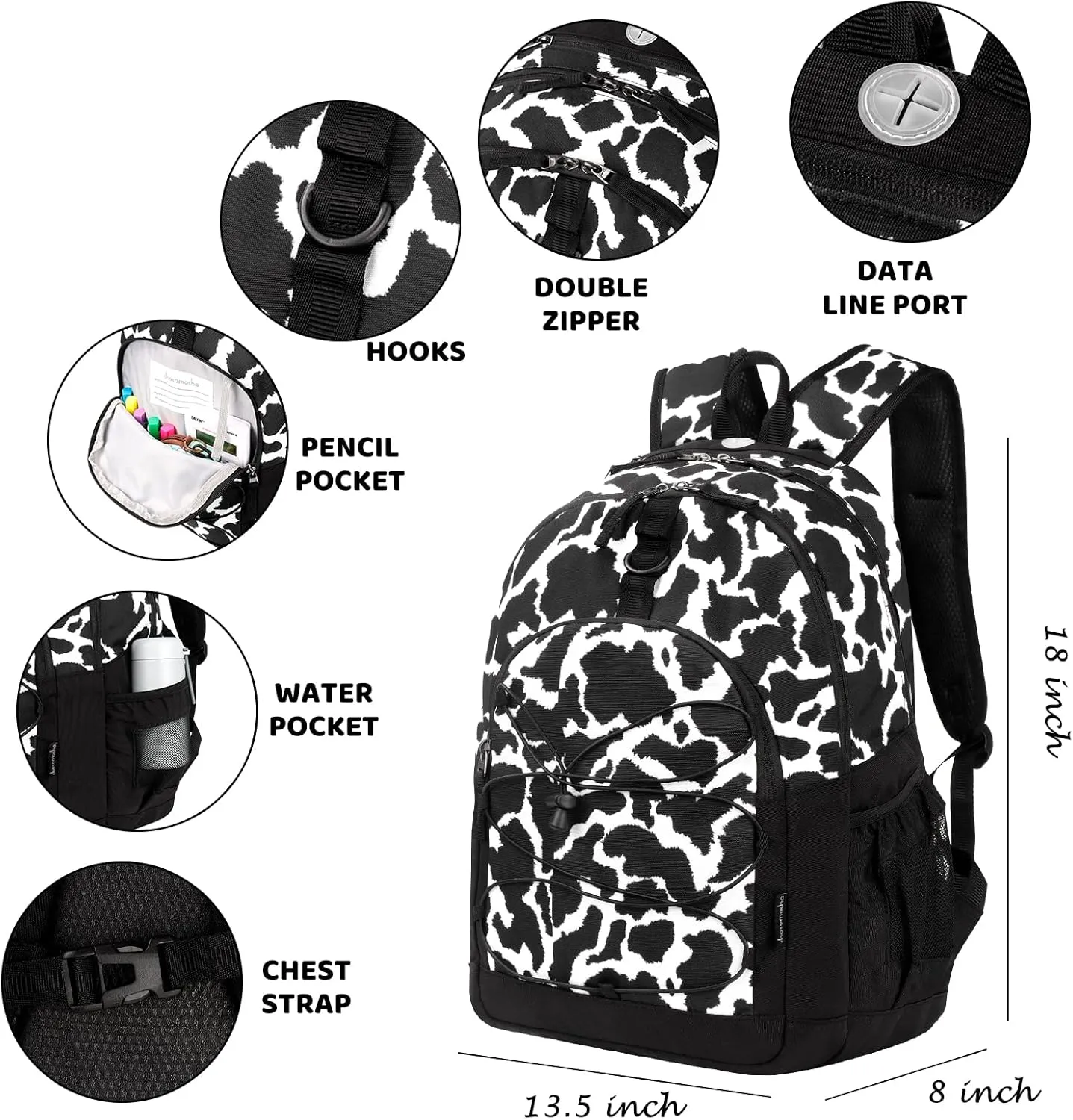 Choco Mocha Cow Print Backpack for Teen Girls, Travel School Backpack for Girls Middle School Large Bookbag 18 Inch, Black