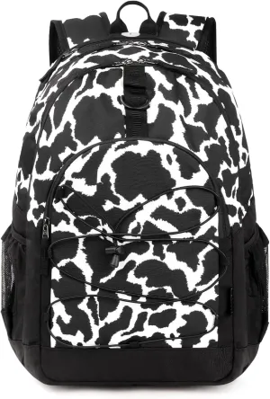 Choco Mocha Cow Print Backpack for Teen Girls, Travel School Backpack for Girls Middle School Large Bookbag 18 Inch, Black