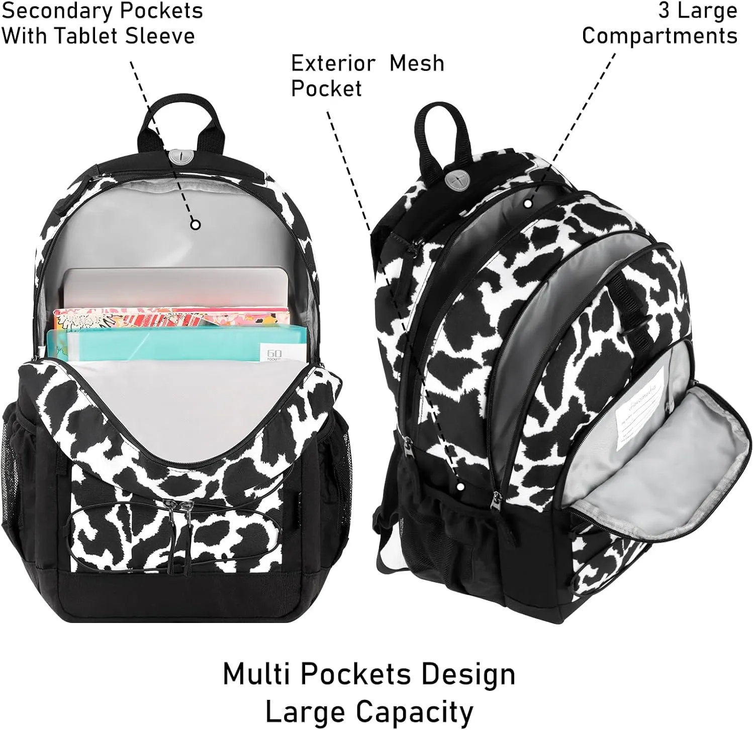 Choco Mocha Cow Print Backpack for Teen Girls, Travel School Backpack for Girls Middle School Large Bookbag 18 Inch, Black