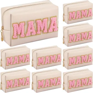 Chunful 9 Pieces Preppy Patch Makeup Bag Chenille Letters Cosmetic PU Leather Portable Waterproof Toiletry Travel Bag for Women End of the Year Teacher Gifts Bulk(Beige,Mama)