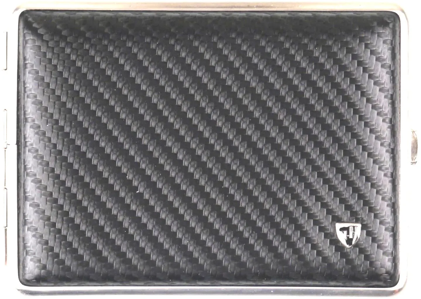 Cigarette Case 18 / 100 / Metal Leather Carbon Look Black / Frame Matte Nickel / Elastic Band / Double Sided / 84 mm Wide / Made in Germany