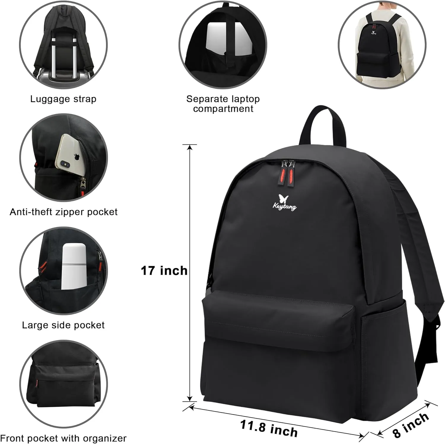 Classic 20" Carry-On Luggage Set with TSA Lock Spinner Wheels, Lightweight Hardside Expandable Suitcase with Front Open Pocket Compartment, Bonus Travel Backpack and Makeup Bag, Black