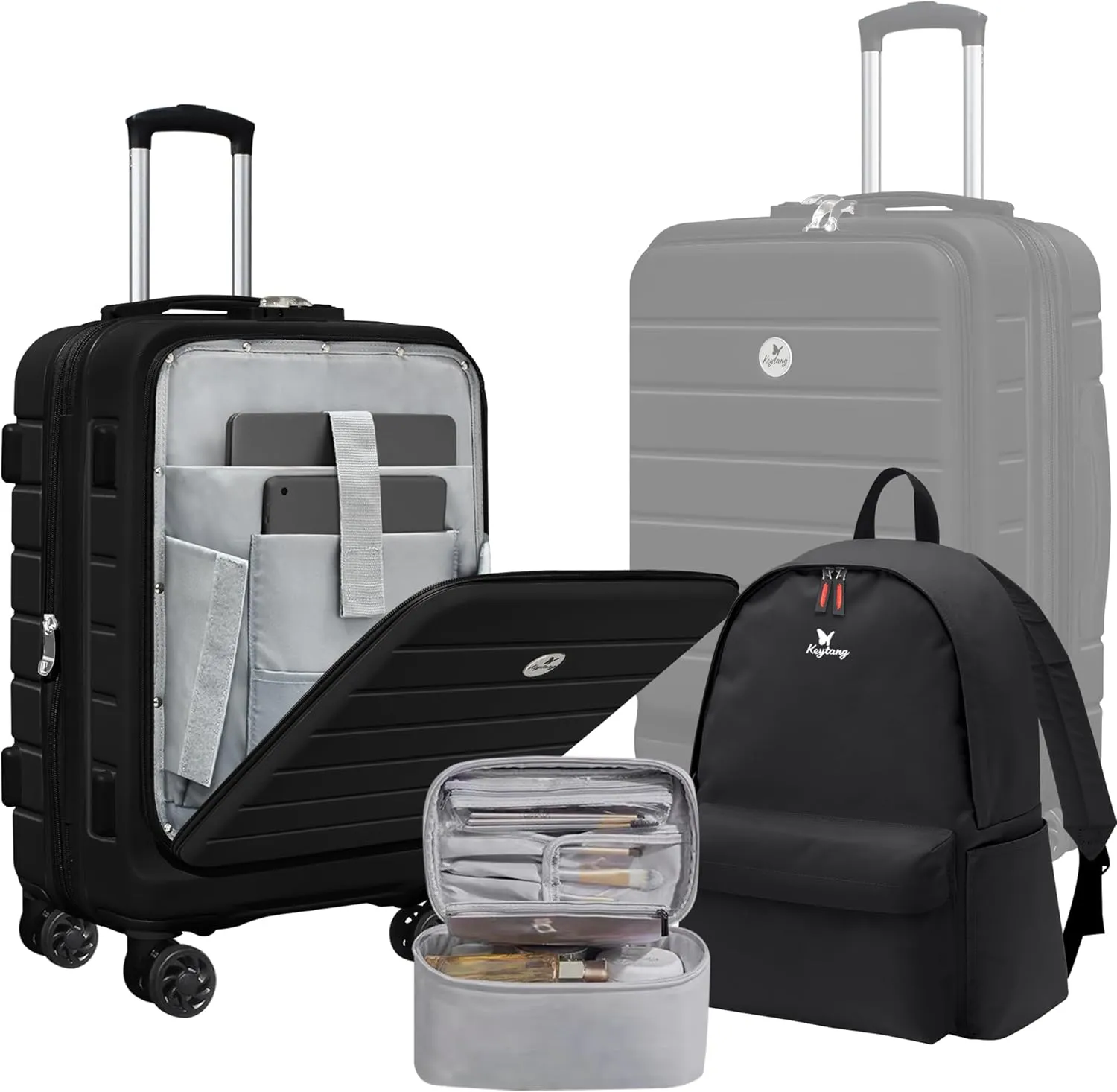 Classic 20" Carry-On Luggage Set with TSA Lock Spinner Wheels, Lightweight Hardside Expandable Suitcase with Front Open Pocket Compartment, Bonus Travel Backpack and Makeup Bag, Black