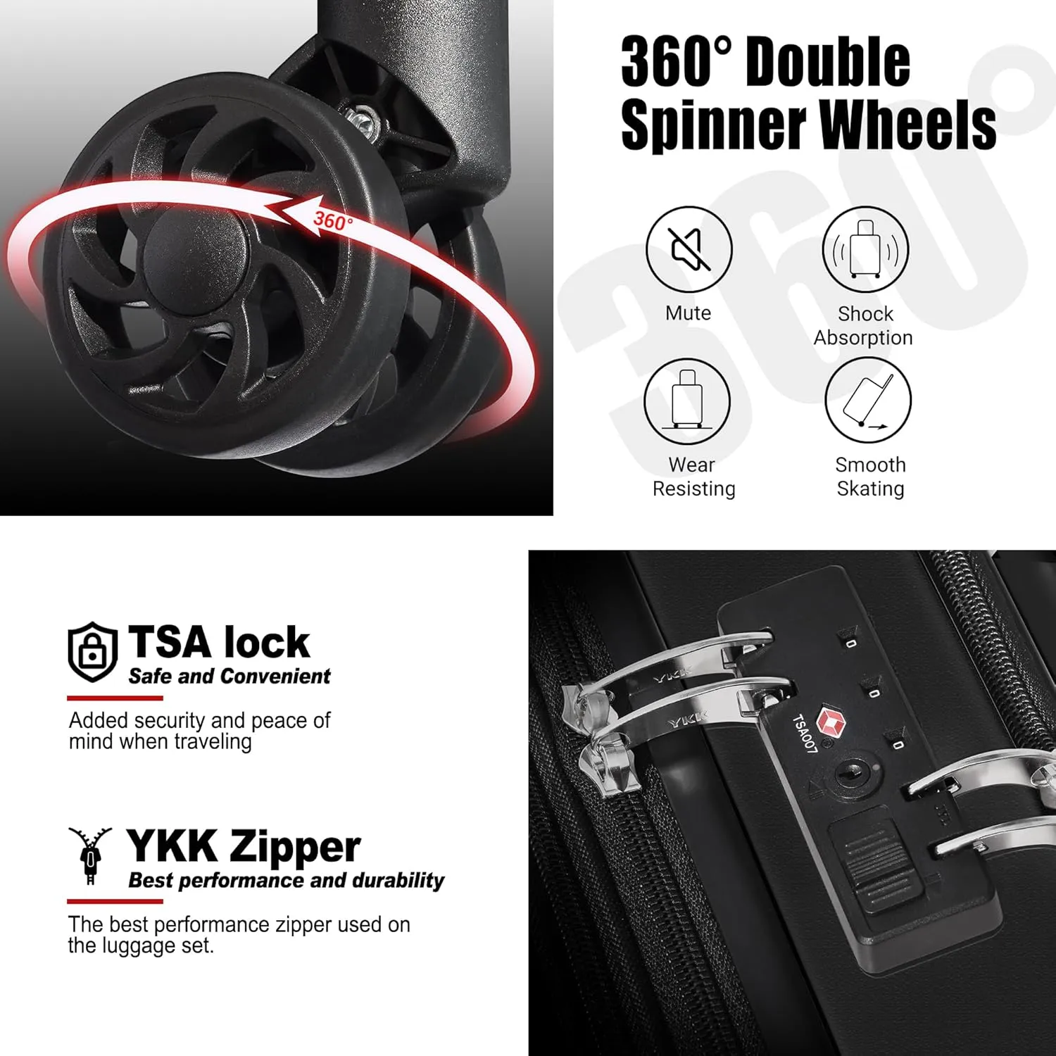 Classic 20" Carry-On Luggage Set with TSA Lock Spinner Wheels, Lightweight Hardside Expandable Suitcase with Front Open Pocket Compartment, Bonus Travel Backpack and Makeup Bag, Black